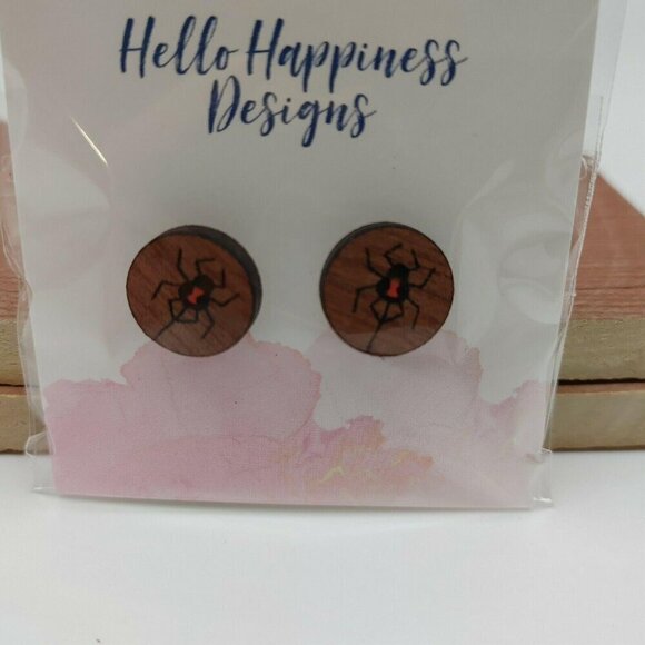 Widow Spider Wood Stud Earrings Handmade By Hello Happiness Designs Halloween - Picture 2 of 4